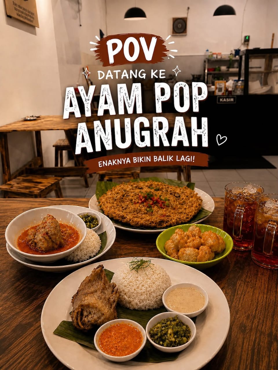 Ayam Pop Anugrah, tempat menikmati ayam pop bersama-sama dengan ayam lembut, sambal nikmat, dan Dadar Barendo yang renyah.