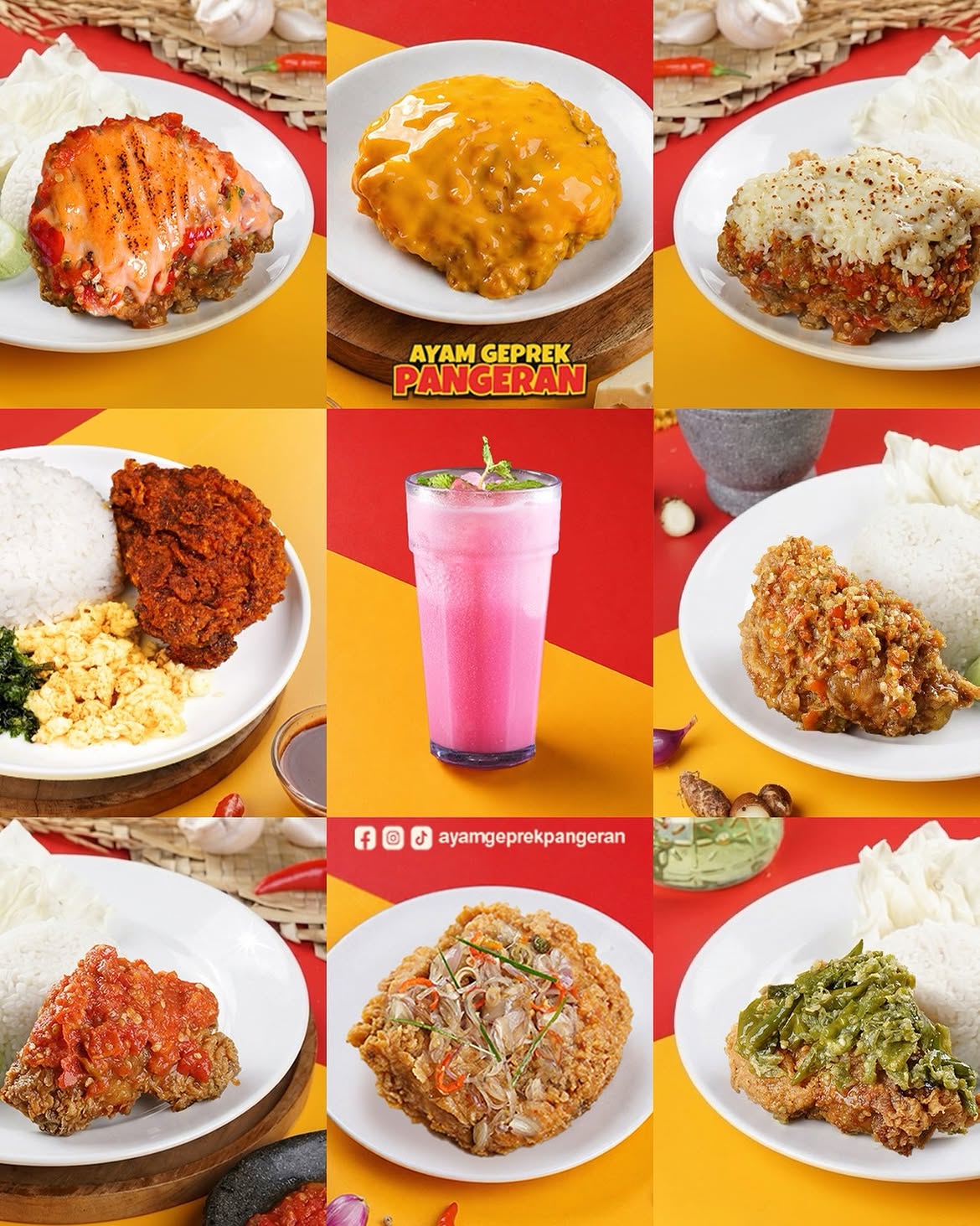 Ayam Geprek Pangeran Cirebon menyajikan ayam geprek pedas dengan ayam crispy renyah, free refill nasi, es teh, dan lalapan.